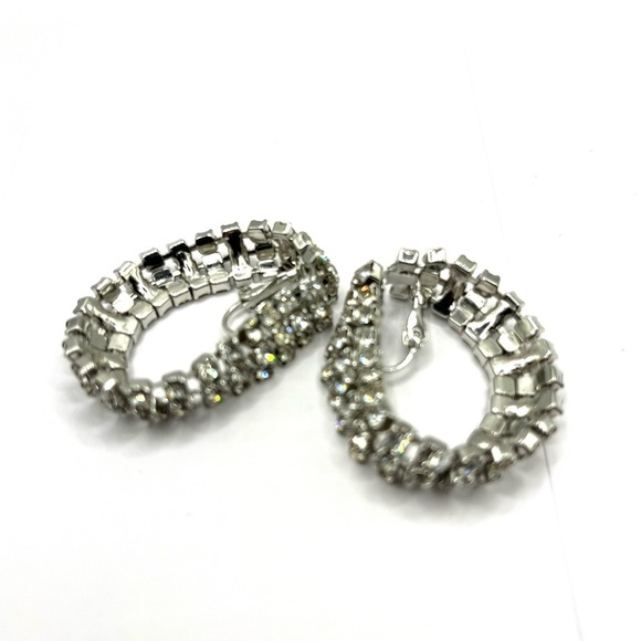 Rhinestone Hoop Earrings Linked 2” 3 Row Evening Elegant Earrings Vintage - Picture 8 of 12